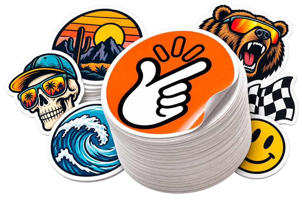 A stack of die-cut stickers with a white border, featuring a central orange sticker with a white hand pointing outward, surrounded by colorful illustrated stickers including a bear, skull, wave, sunset, and smiley face on a white background.